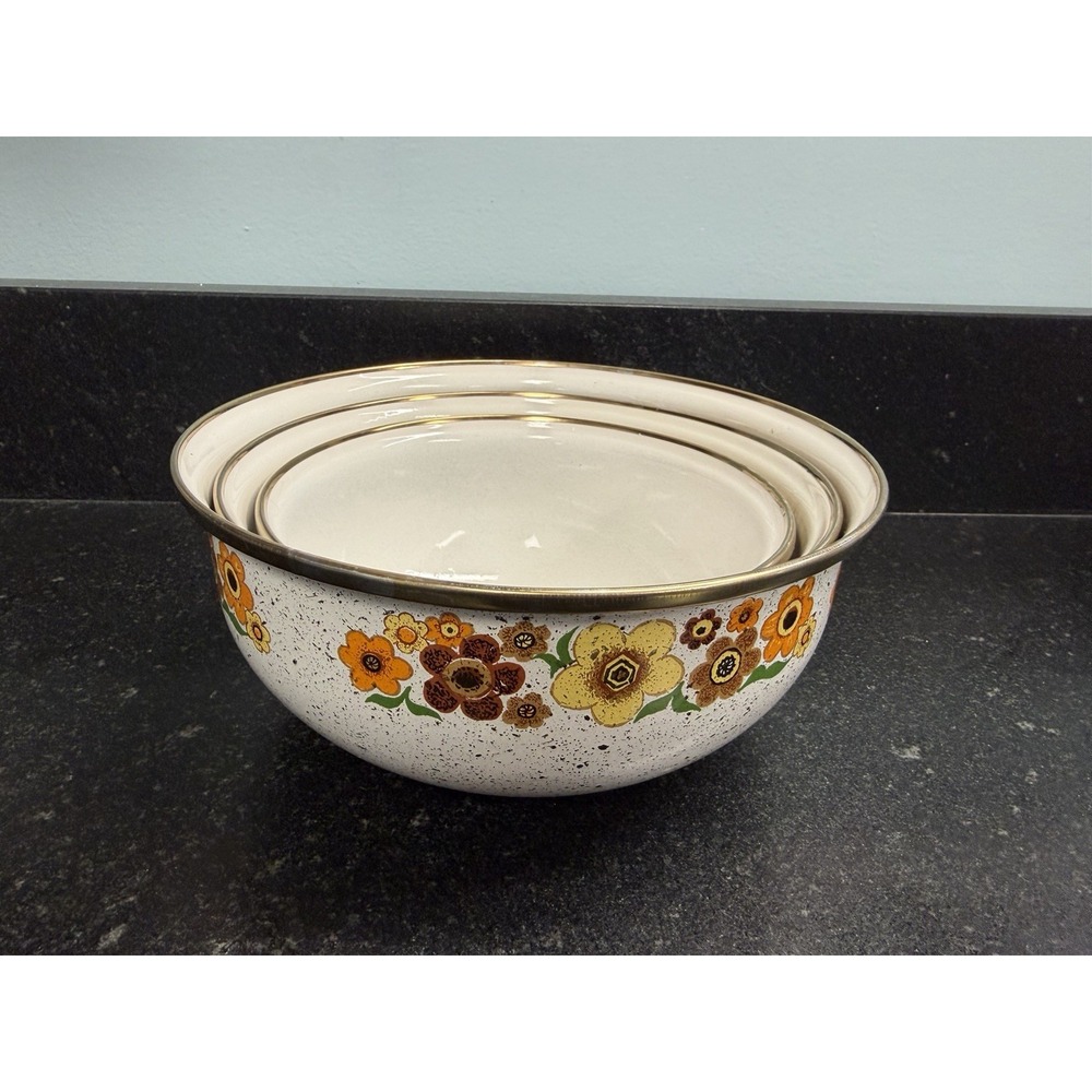 Vtg Crowning Touch Harvest Blossom Enamel Bowl Set 1970s Floral Nesting Bowls